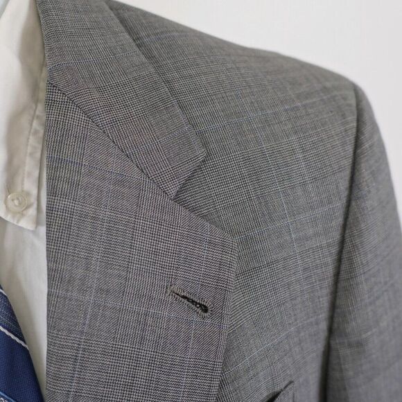 Hart Schaffner Marx Wool Gray Glen Plaid W/ Blue Windowpane Blazer 40R 2 Button - Picture 2 of 12